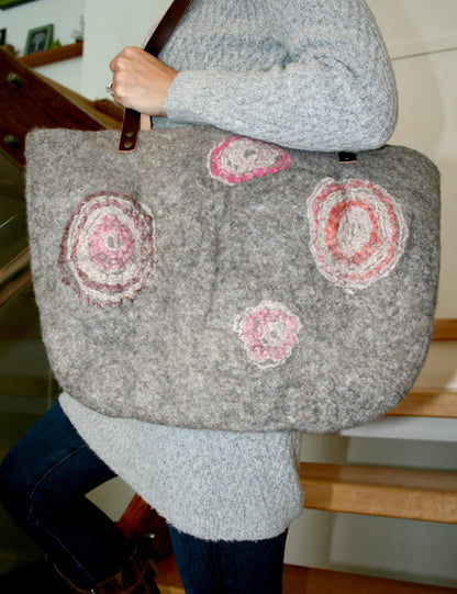 Grey Felted Over sized bag with brown Leather Strap - Okanagan Dye Works