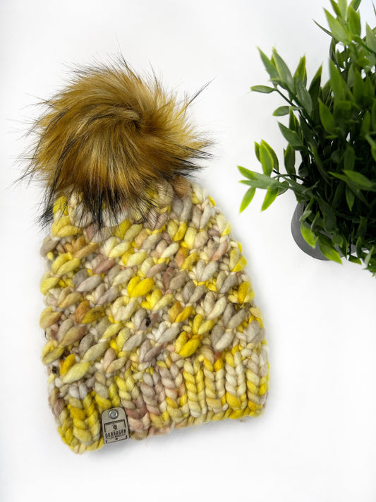 Beautifully soft 100% Hand Dyed Merino Wool knitted toque. Hand Knit in Screeched In colourway with yellow and brown - Okanagan Dye Works