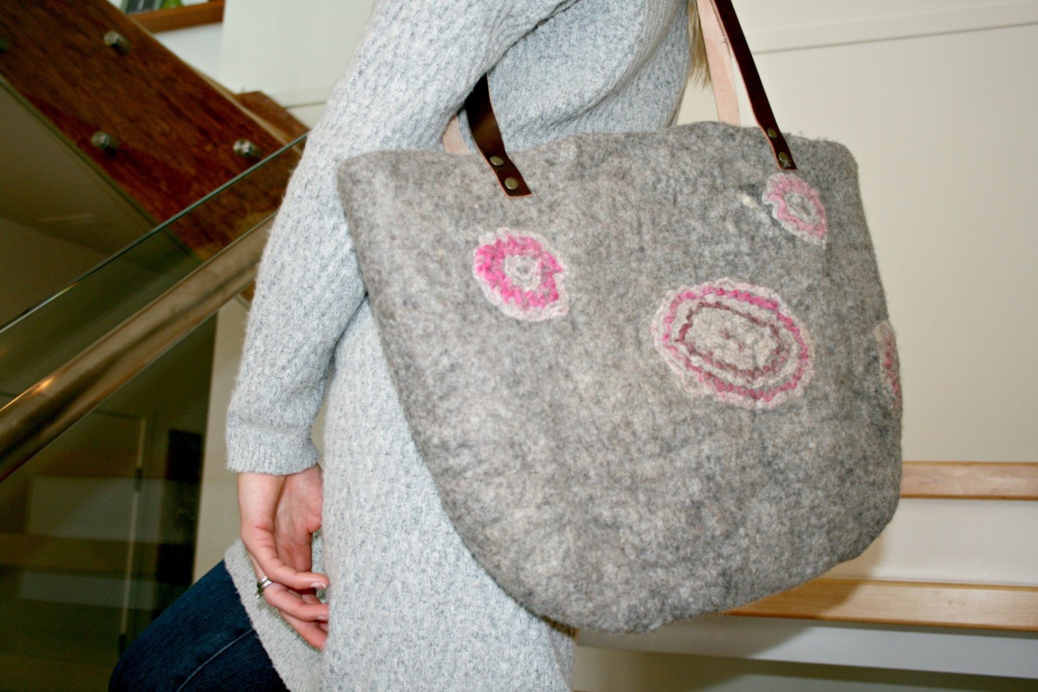 Grey Felted Over sized bag with brown Leather Strap - Okanagan Dye Works