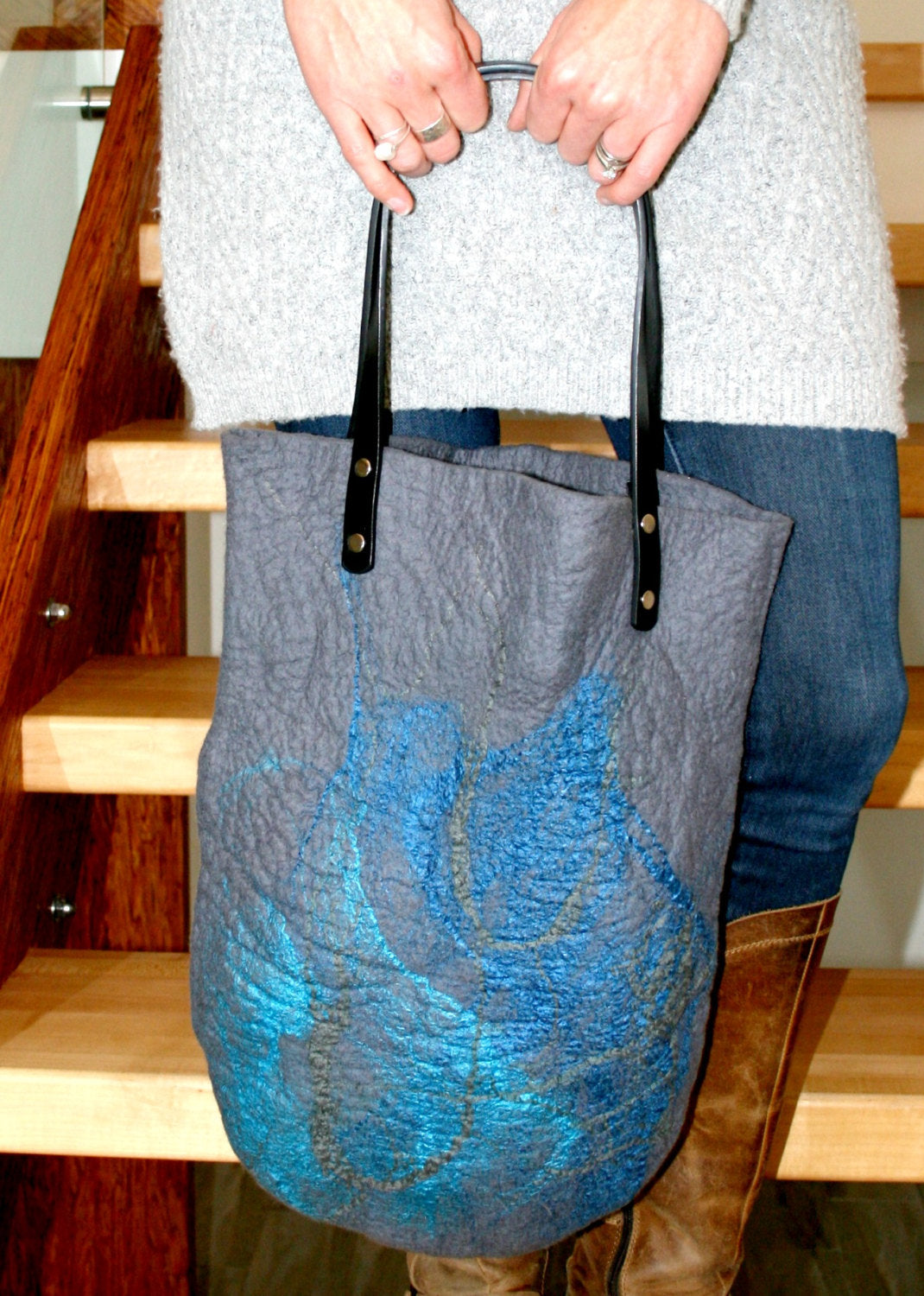 Grey Merino Wool and Silk Wet Felted Purse - Okanagan Dye Works