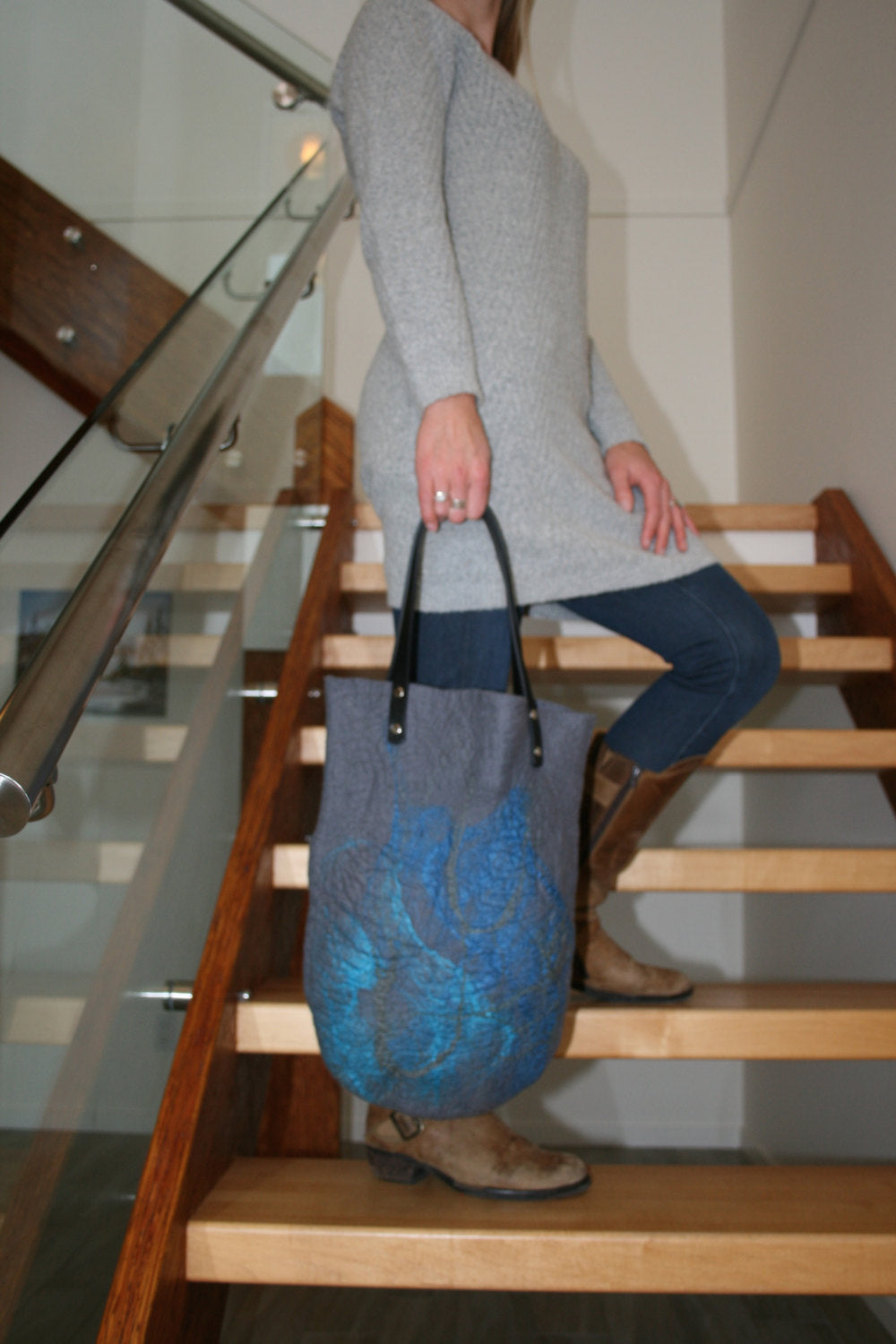 Grey Merino Wool and Silk Wet Felted Purse - Okanagan Dye Works
